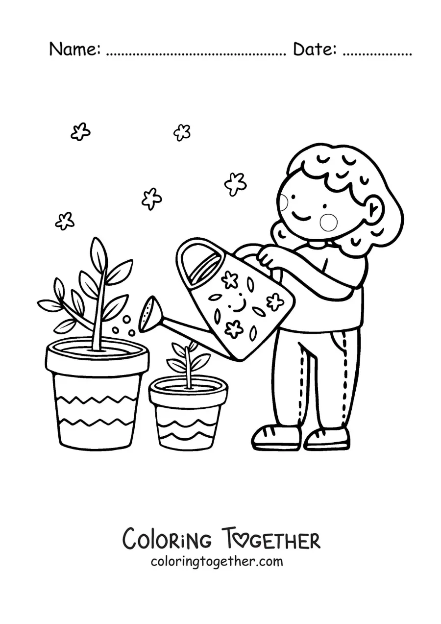 Coloring page of a cute girl watering her plants