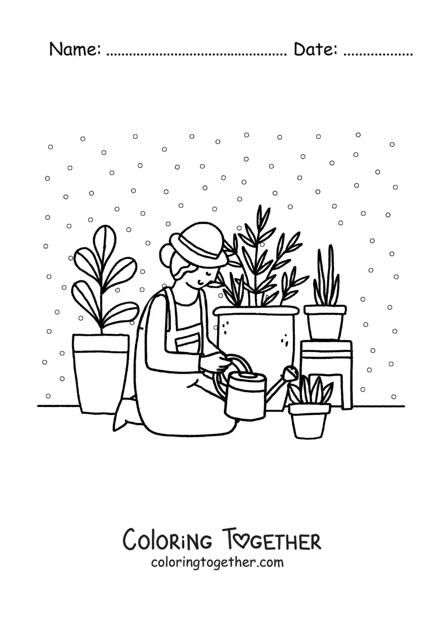 Coloring page of a girl watering her plants at home