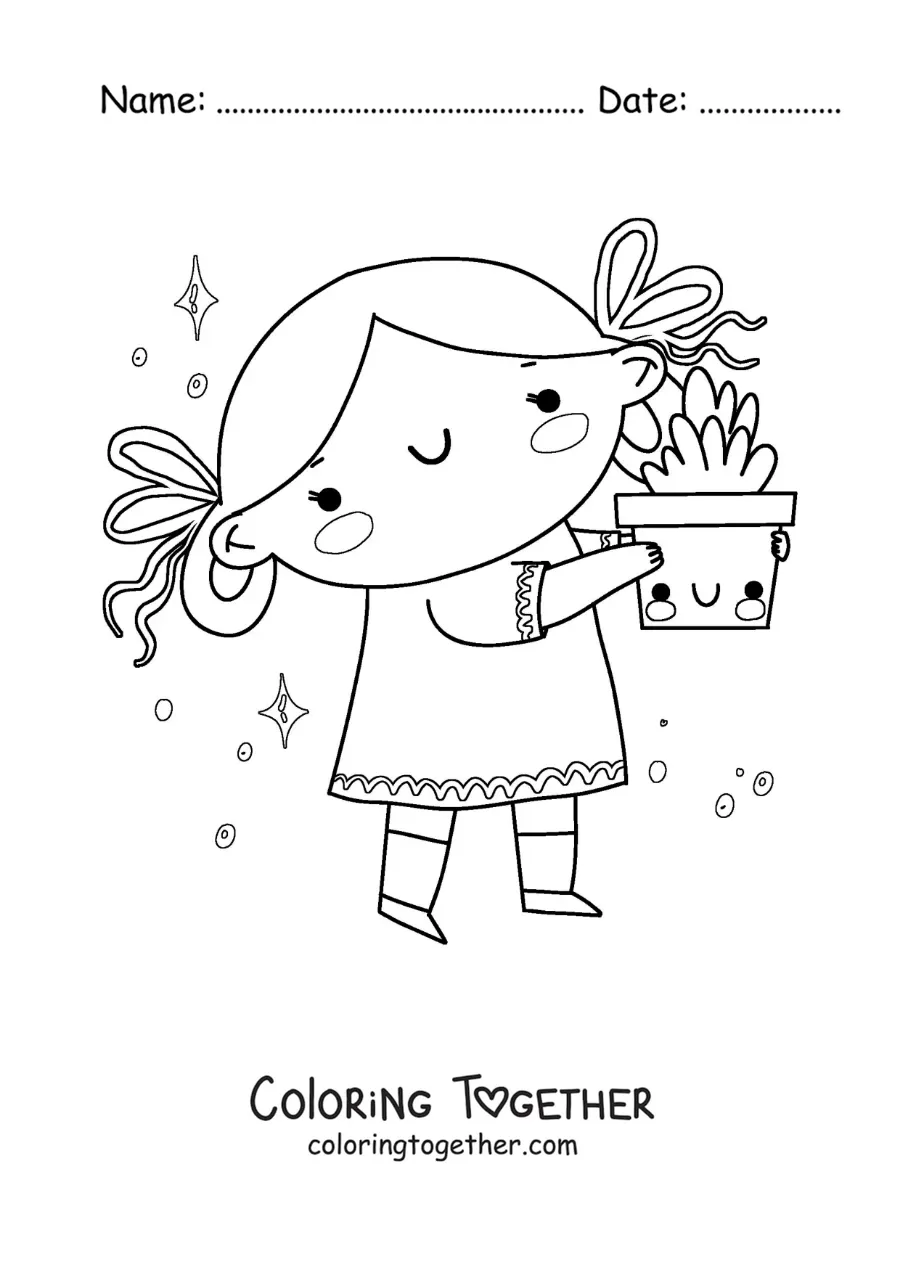 Coloring page of a girl with a cartoon plant