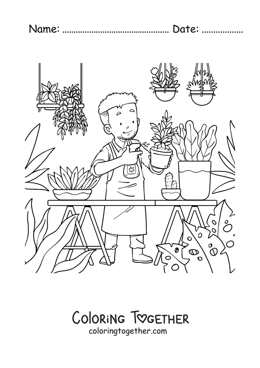 Coloring page of a man watering his plants in his greenhouse