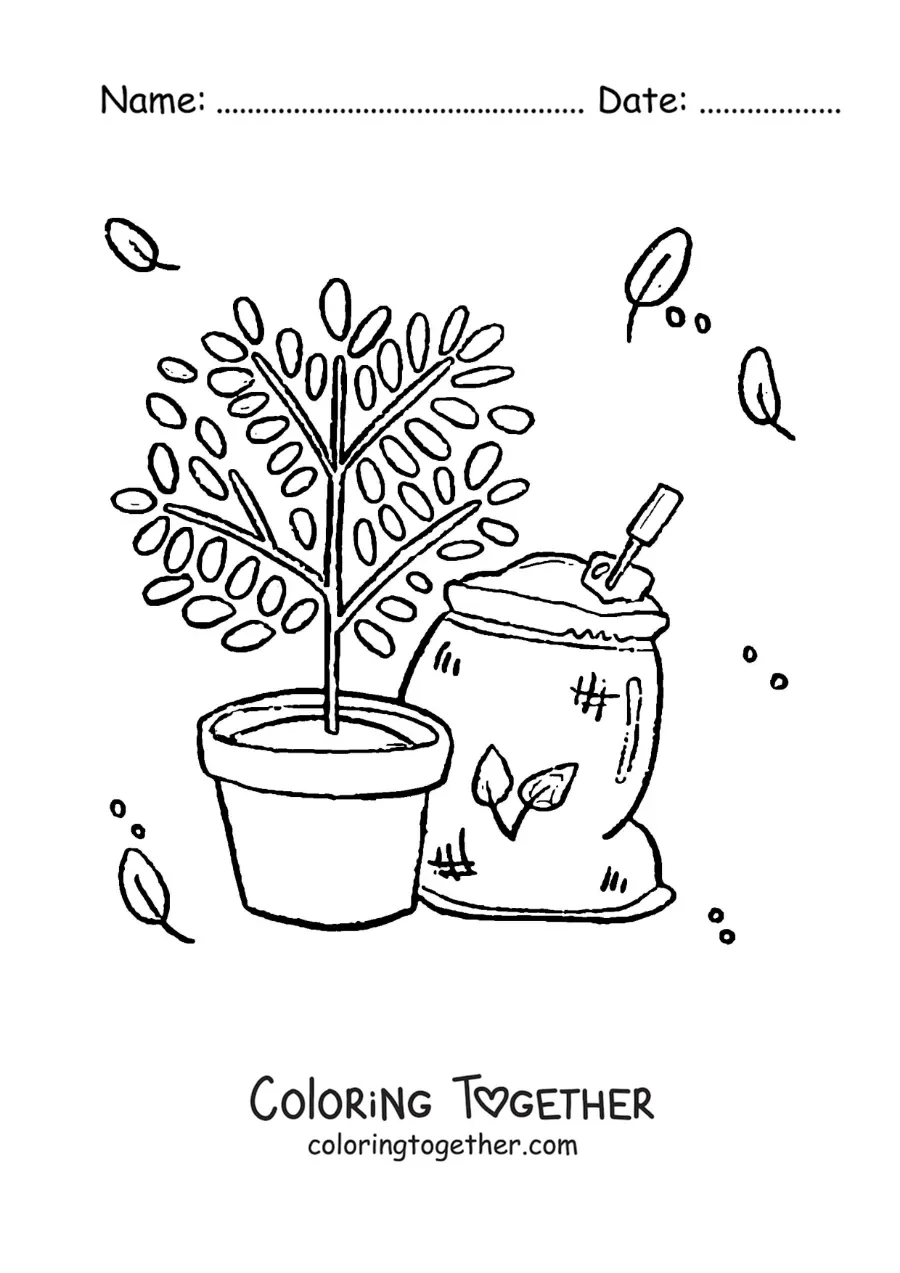Coloring page of a potted plant next to a bag of soil
