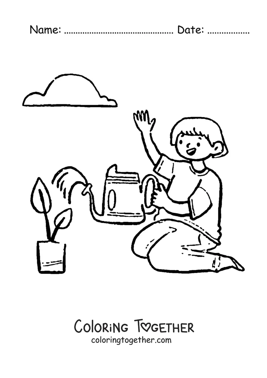 Coloring page of a boy watering a plant in a pot