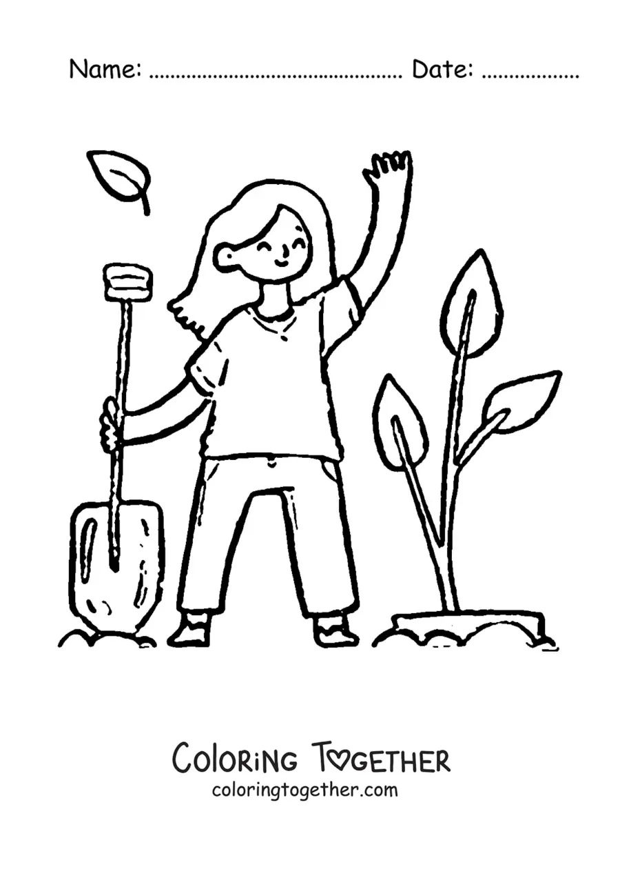 Coloring page of a girl transplanting a plant into the soil