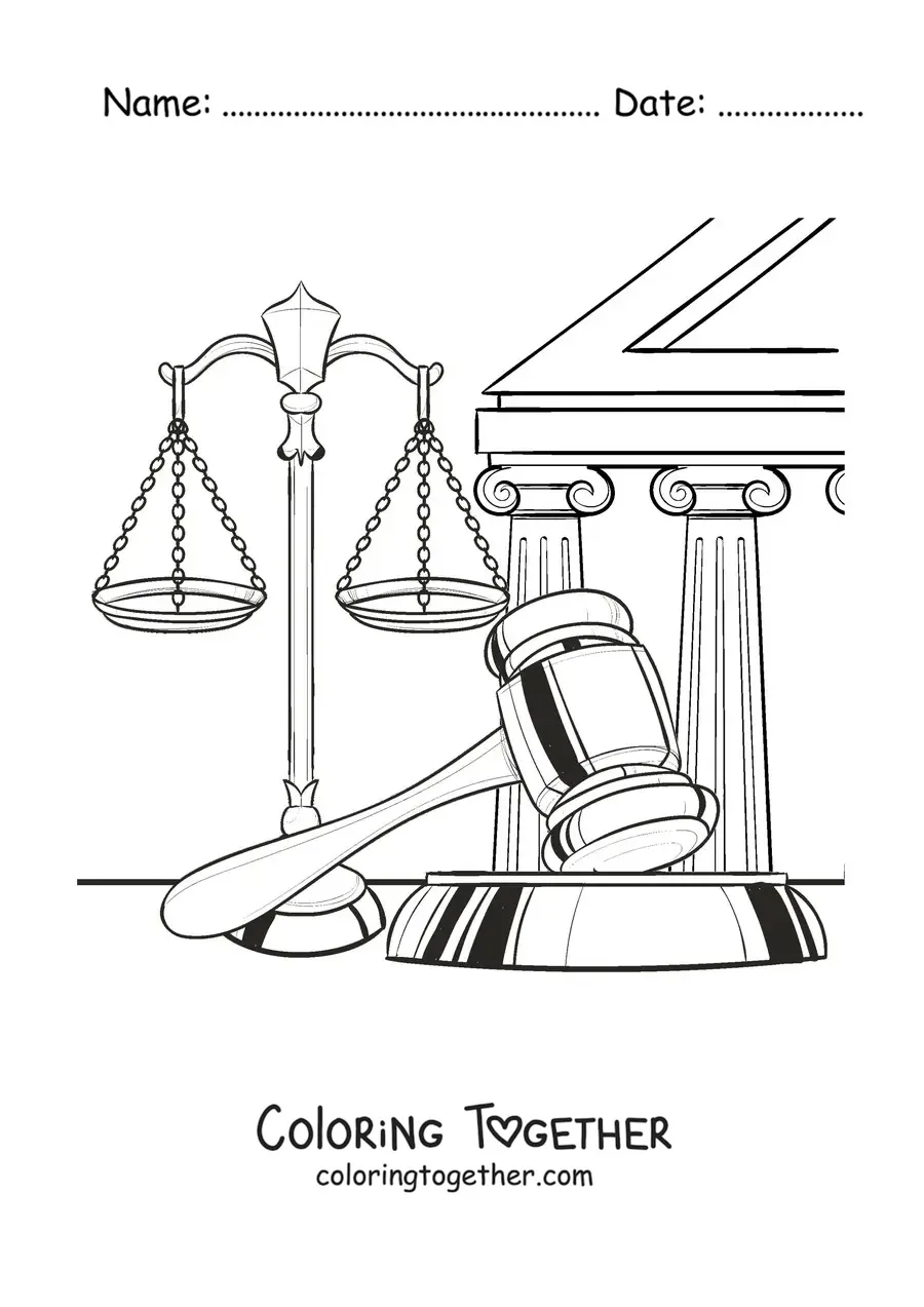Coloring page of a set of scales and a gavel as symbols of justice