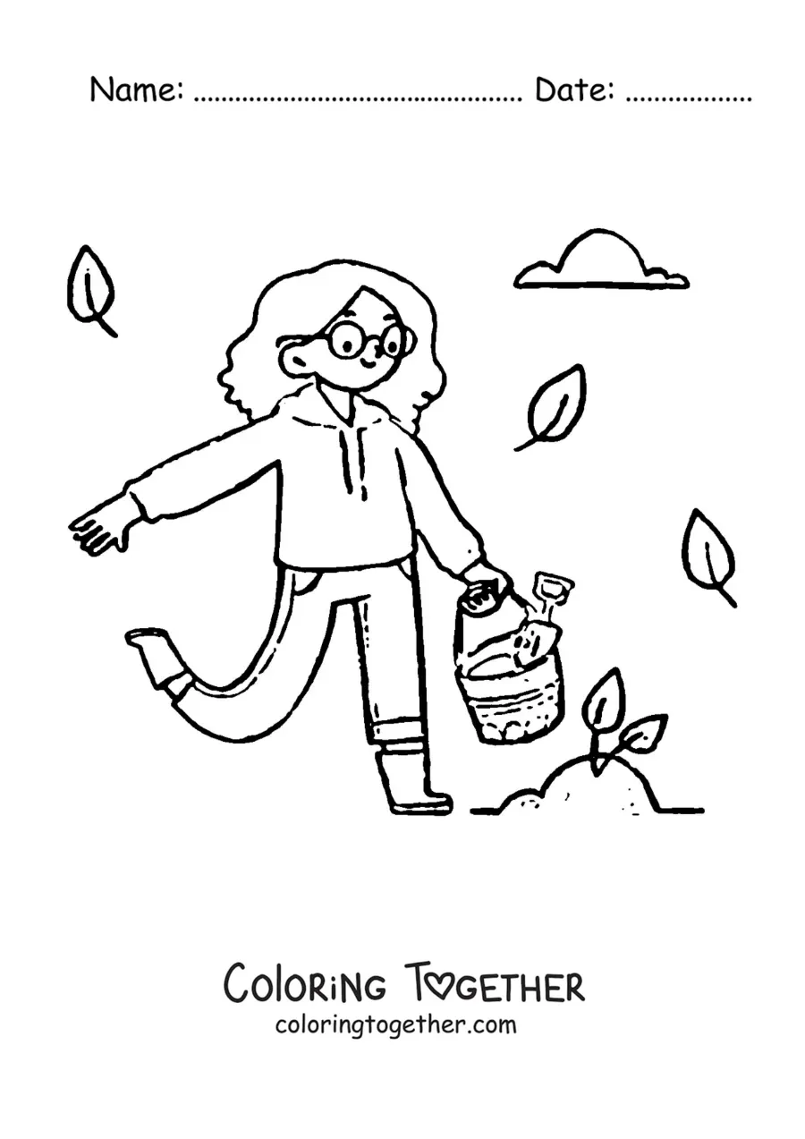 Coloring page of a girl caring for a seedling
