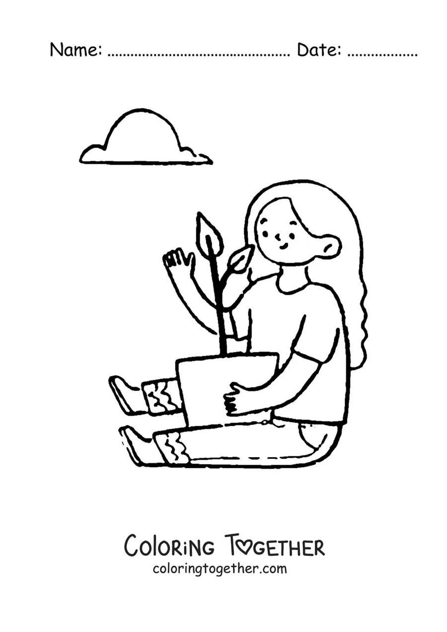 Coloring page of a girl hugging a potted plant