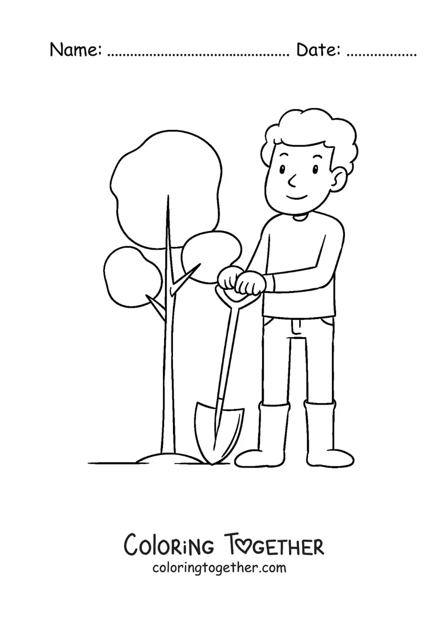 Coloring page of a boy planting a plant in the soil