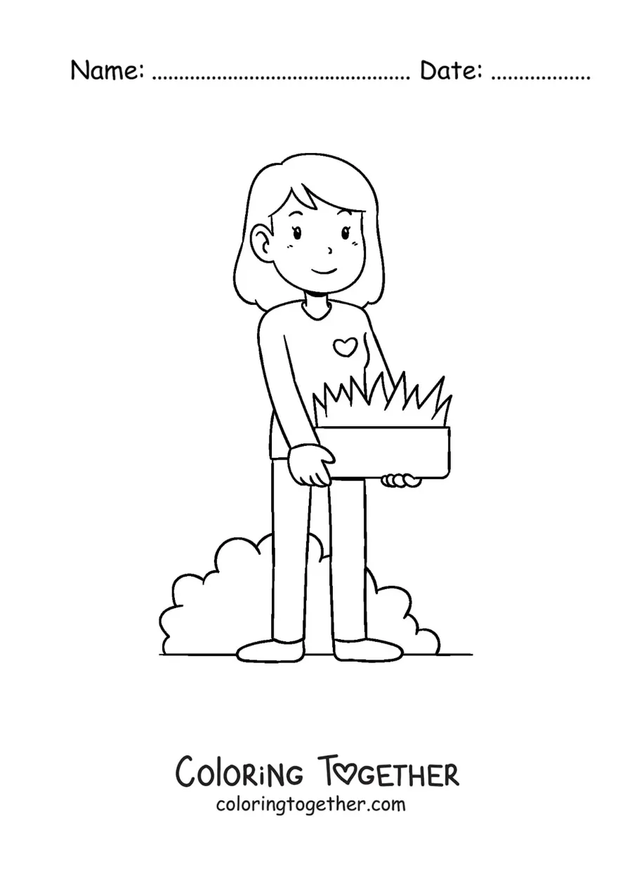 Coloring page of a girl taking care of her garden