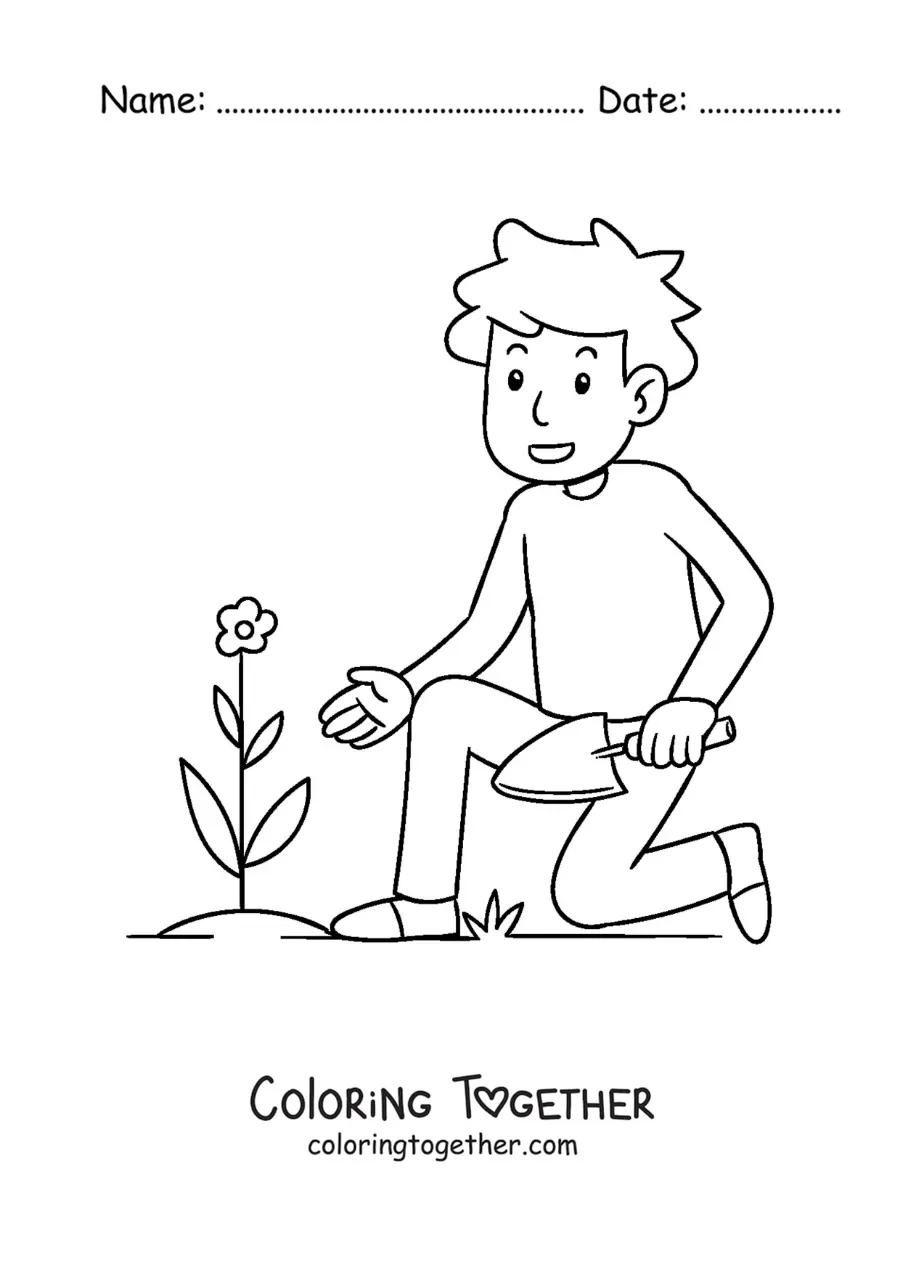 Coloring page of a young man planting a flower