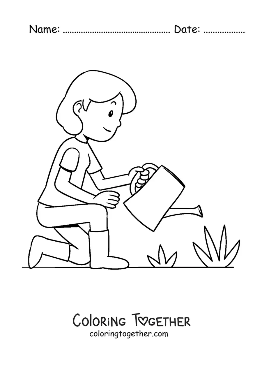 Coloring page of a young woman watering the plants in her garden