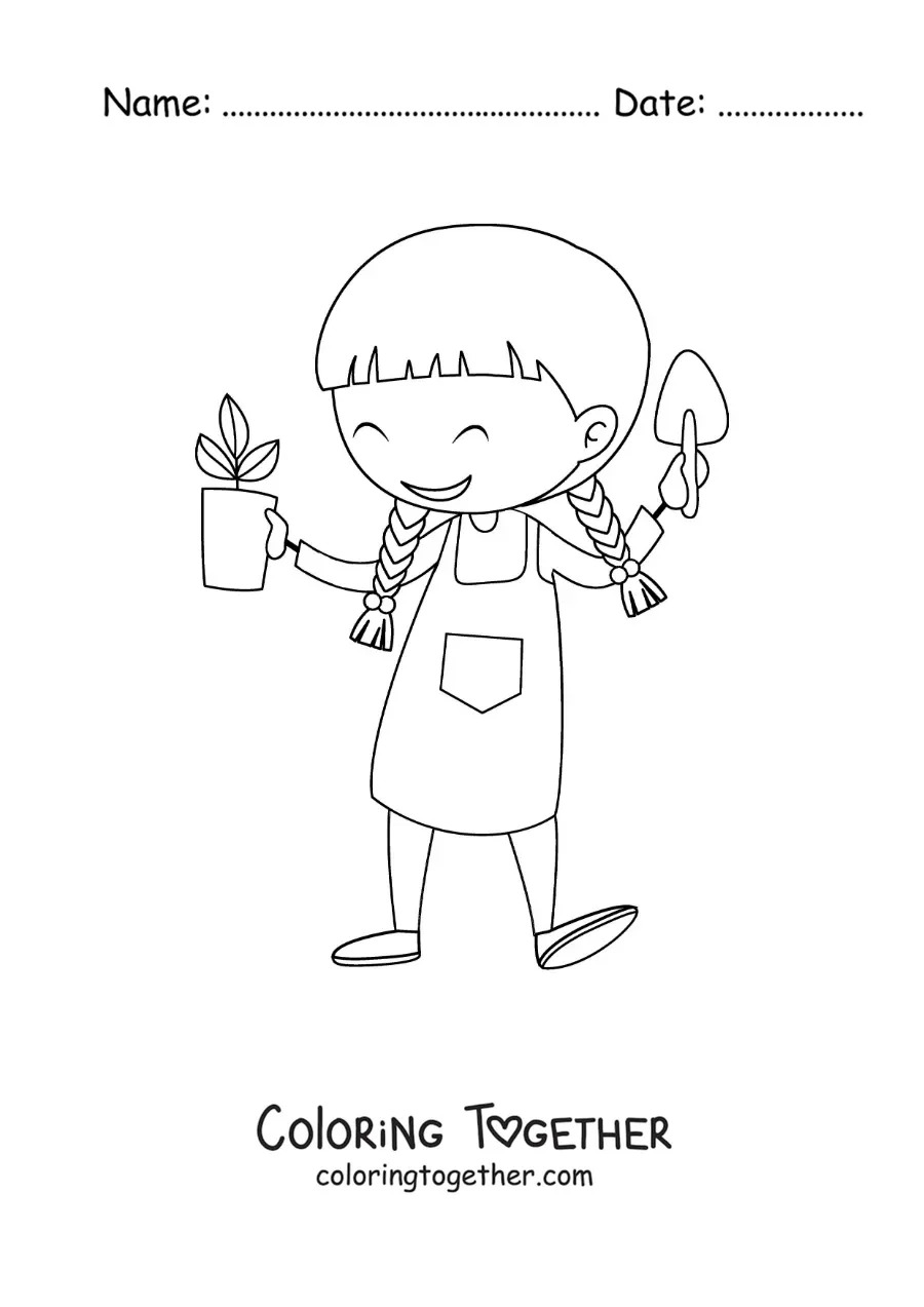 Coloring page of a girl with a flower pot and a gardening trowel