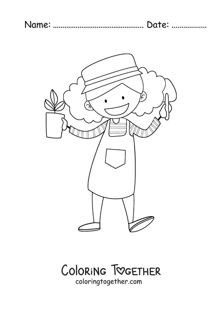 Coloring page of a girl gardener with a flower pot and a trowel