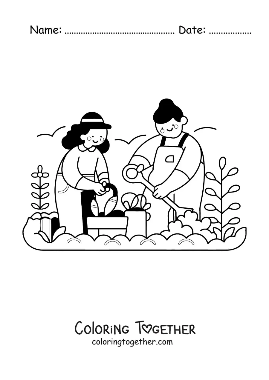 Coloring page of two girls doing maintenance on a garden