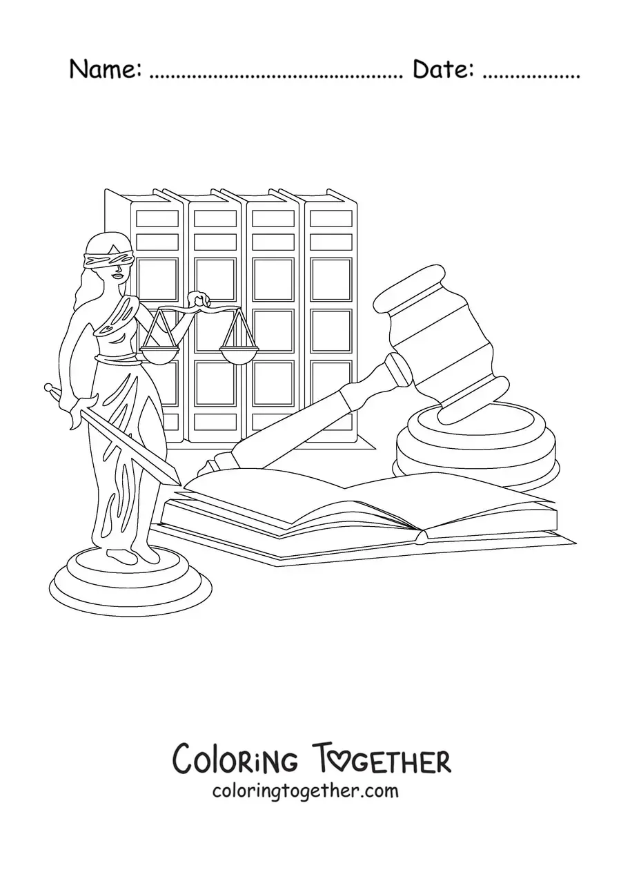 Coloring page of a figure of Justice holding a set of scales next to a gavel