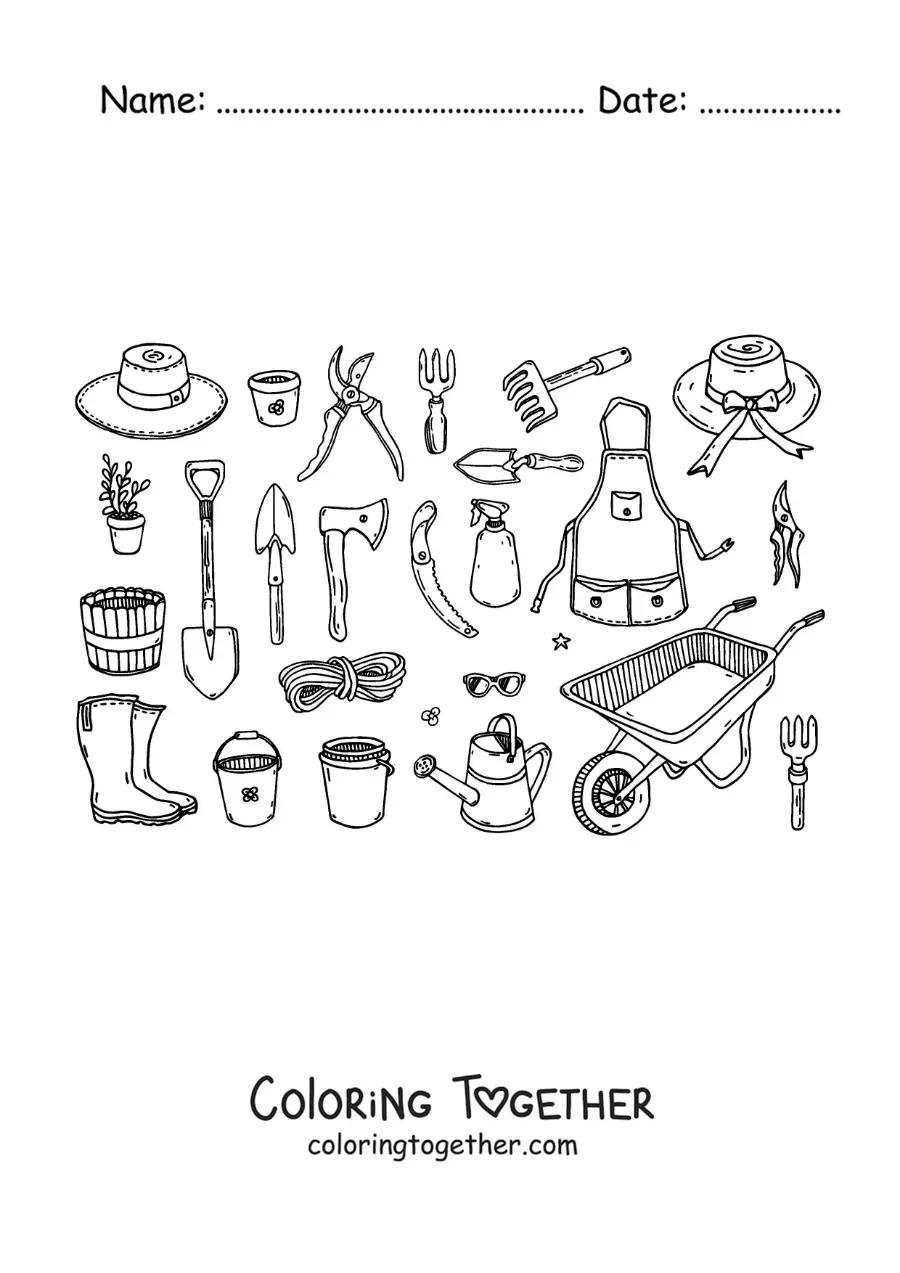 Coloring page of gardening tools and equipment