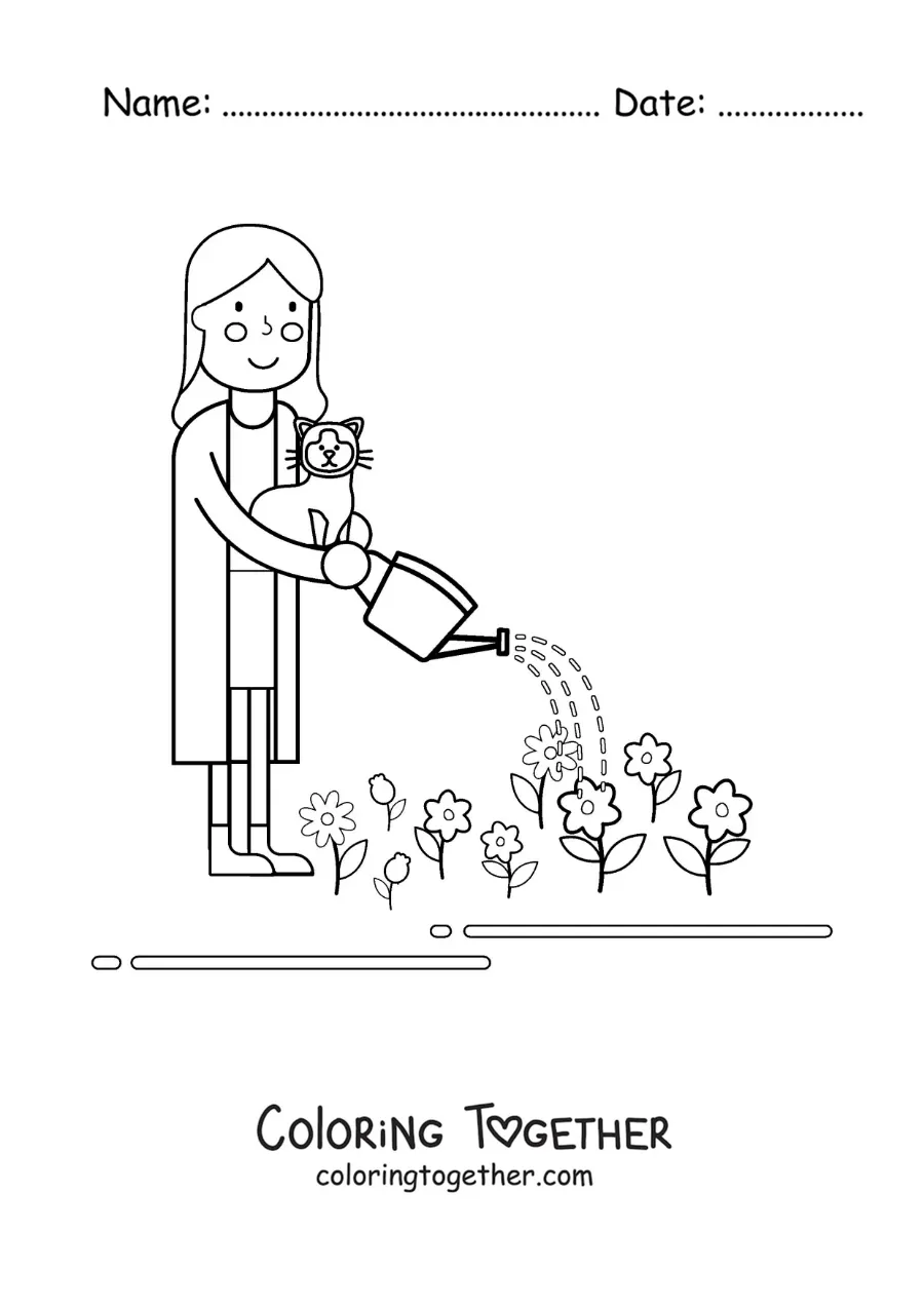 Coloring page of a woman with her cat watering flowers