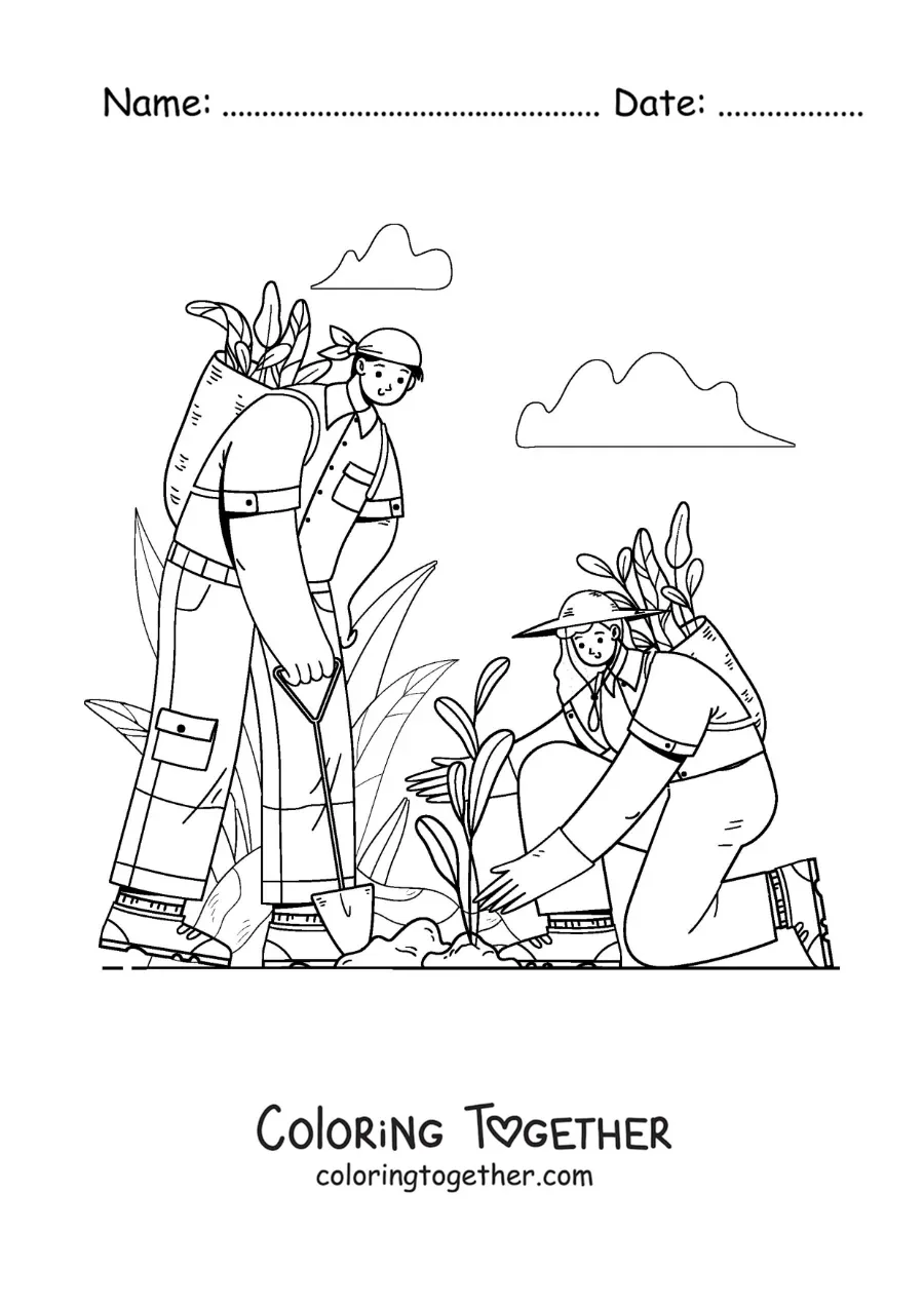 Coloring page of a couple taking care of their garden