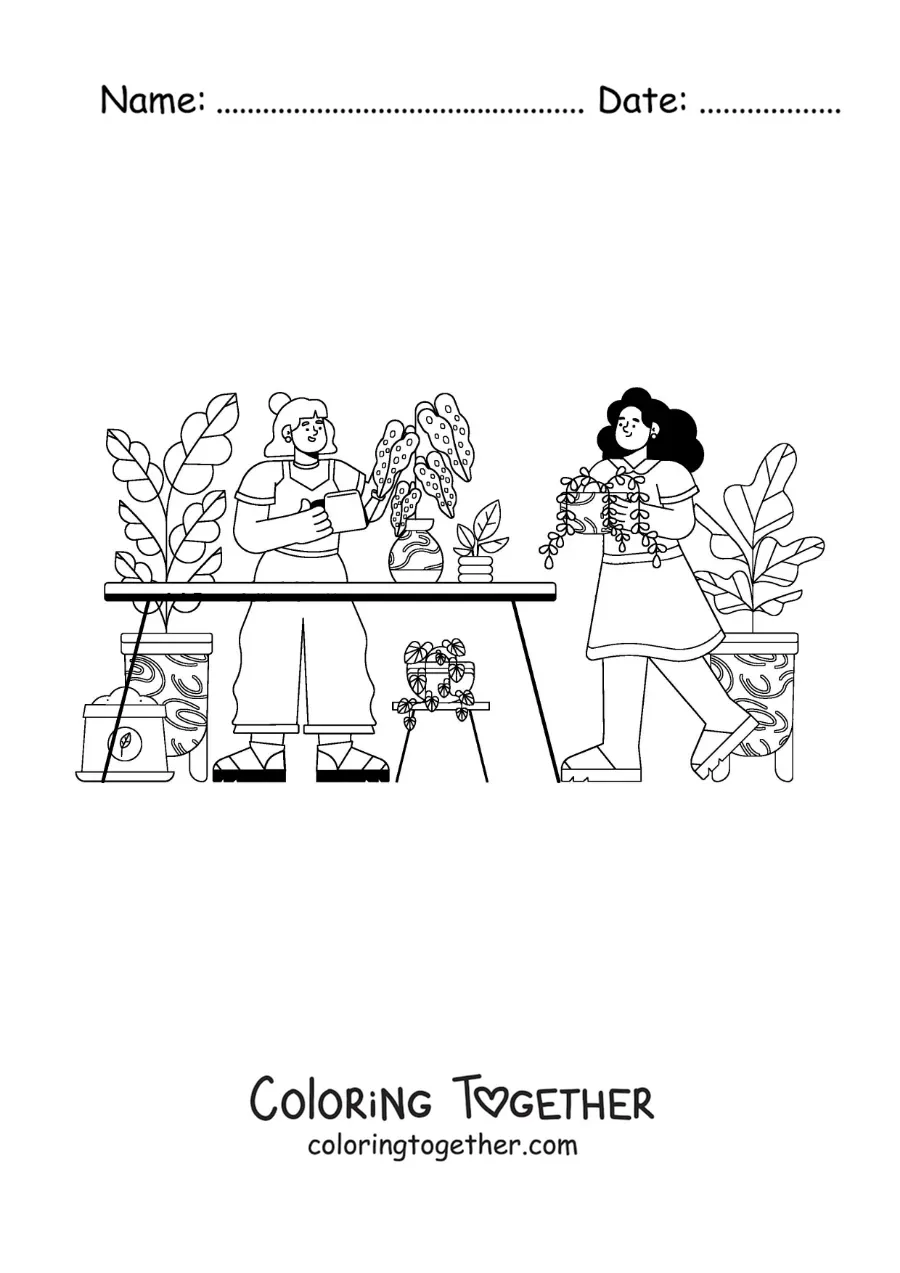 Coloring page of two girls taking care of the plants in a greenhouse
