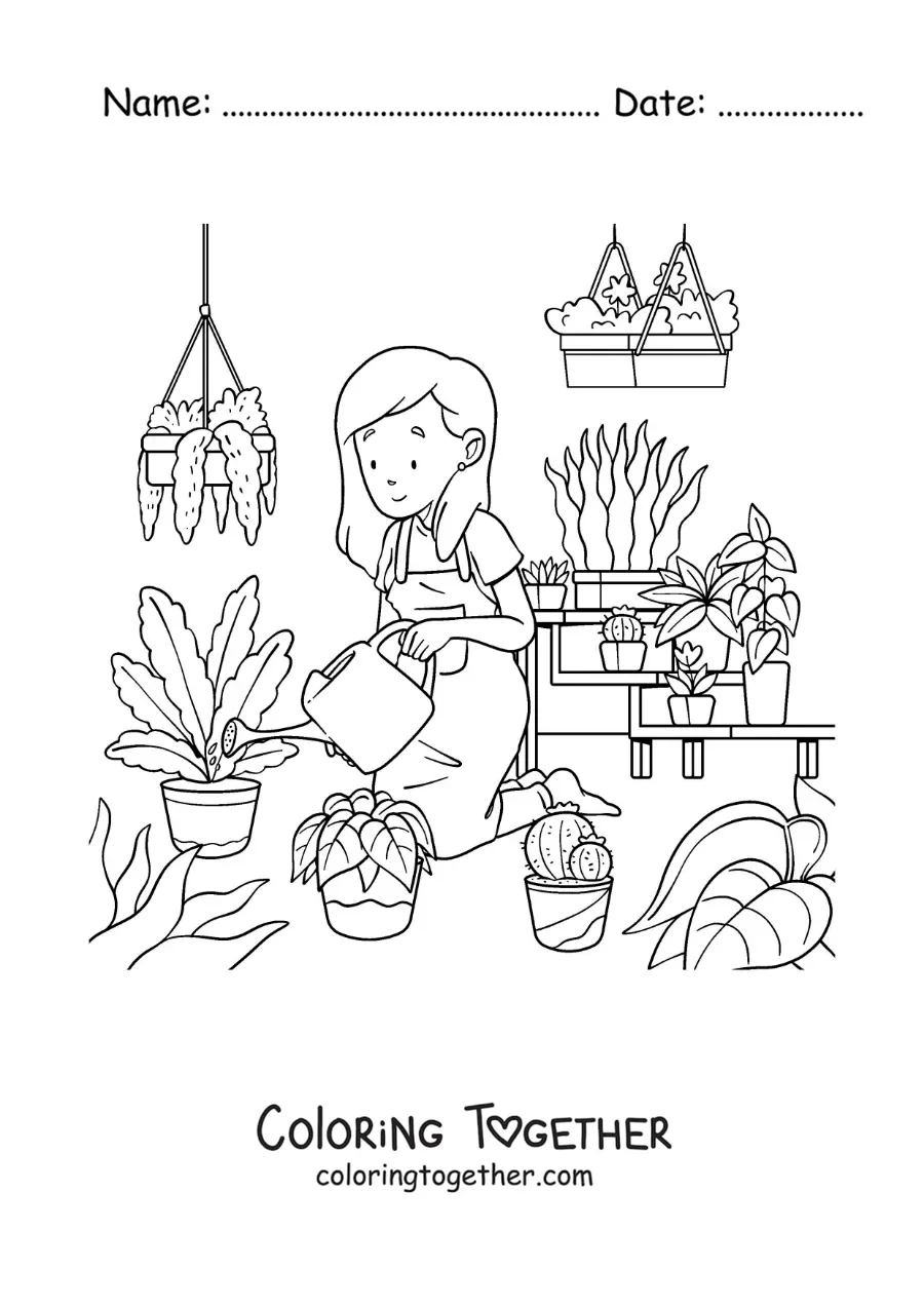 Coloring page of a woman taking care of the plants in a greenhouse