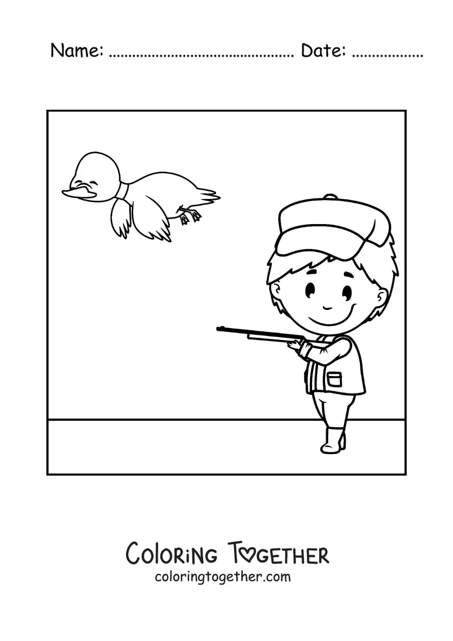 Coloring page of a hunter aiming at a duck