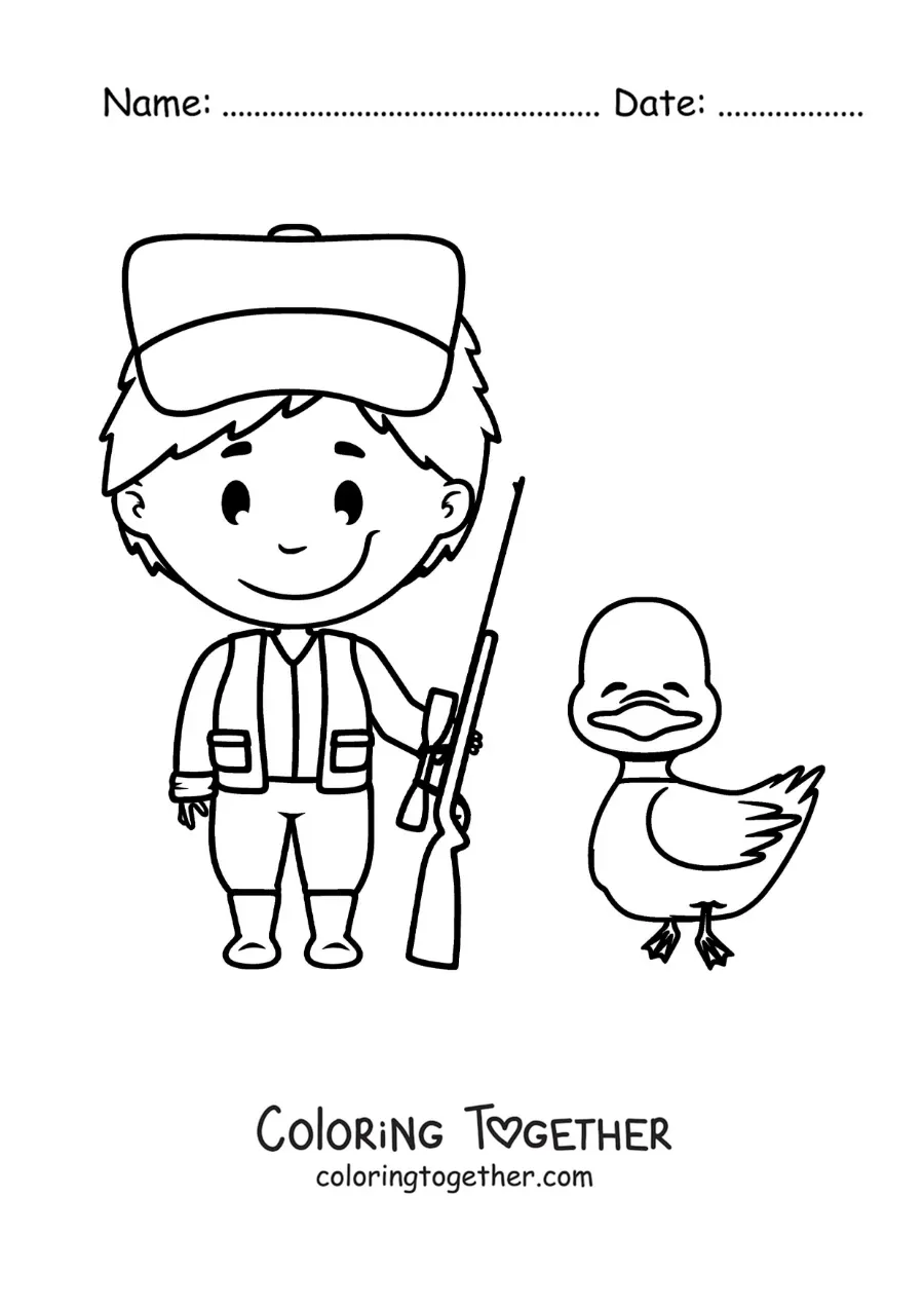 Coloring page of a hunter next to a duck