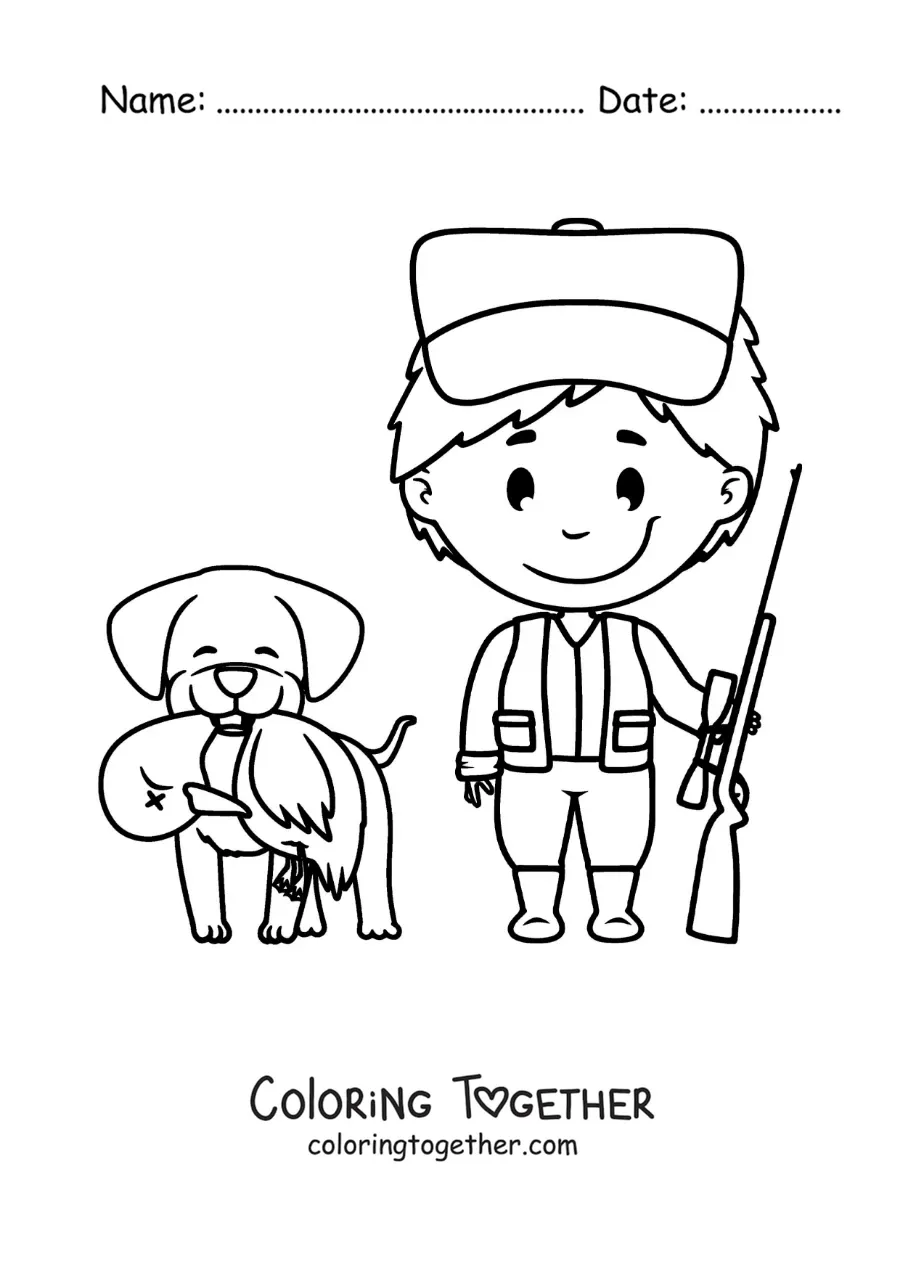Coloring page of a hunter next to a hunting dog that caught a duck