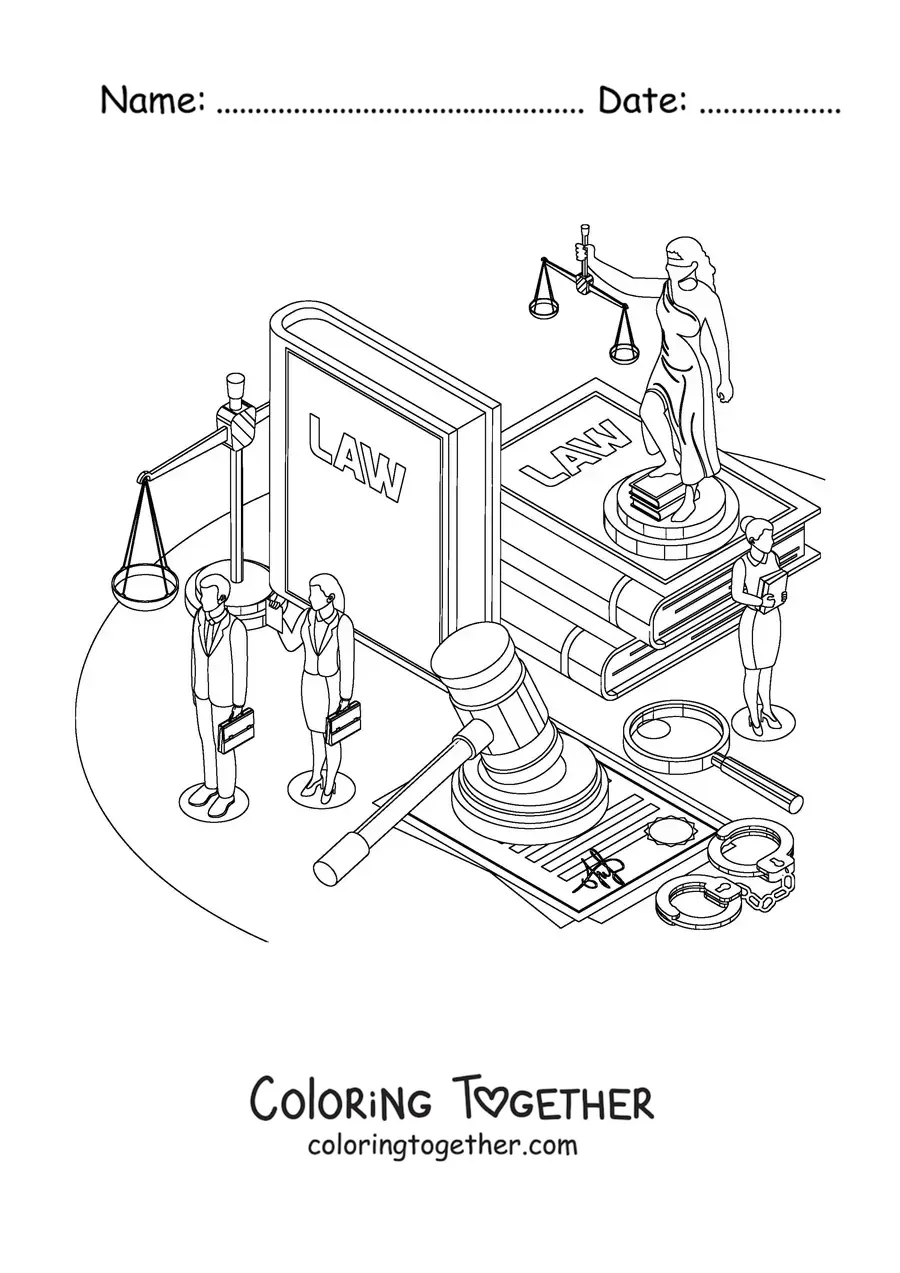 Coloring page of several symbols of justice