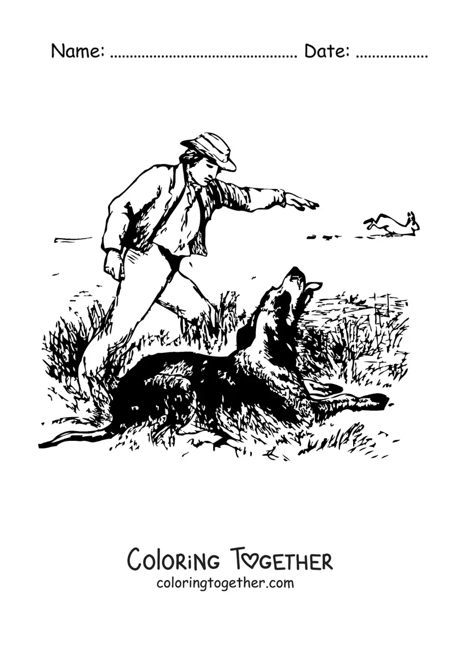 Coloring page of a duck hunter giving instructions to his dog