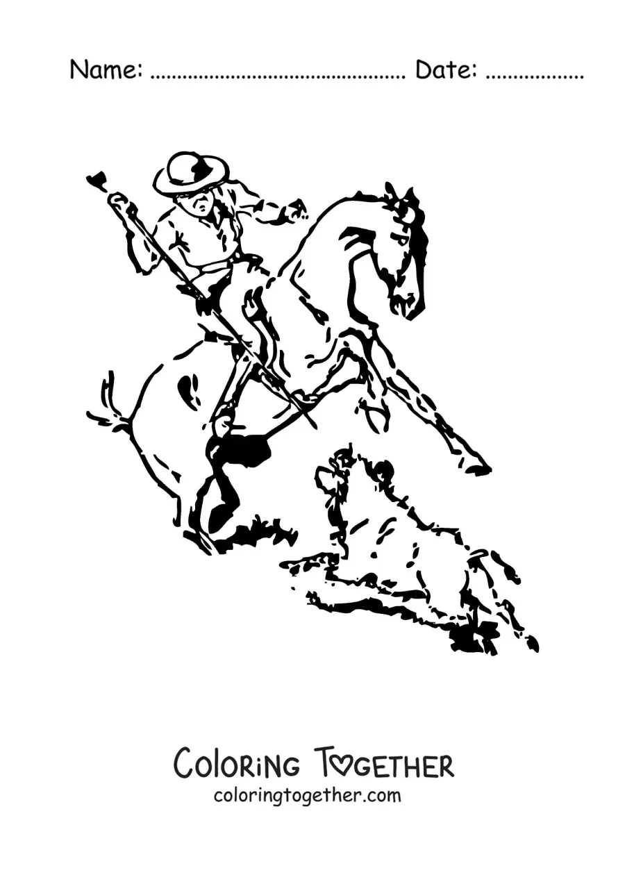 Coloring page of a man on horseback hunting a wild boar