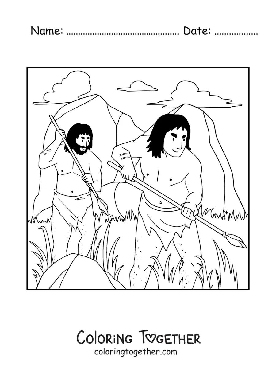 Coloring page of two prehistoric men hunting with a spear