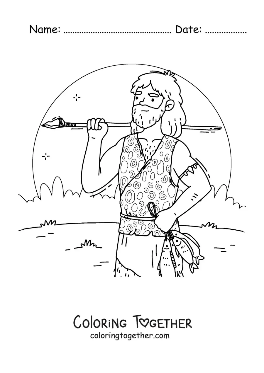 Coloring page of a caveman hunting fish with a spear