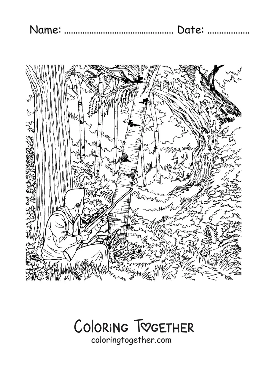 Coloring page of a hunter aiming at a deer in the forest