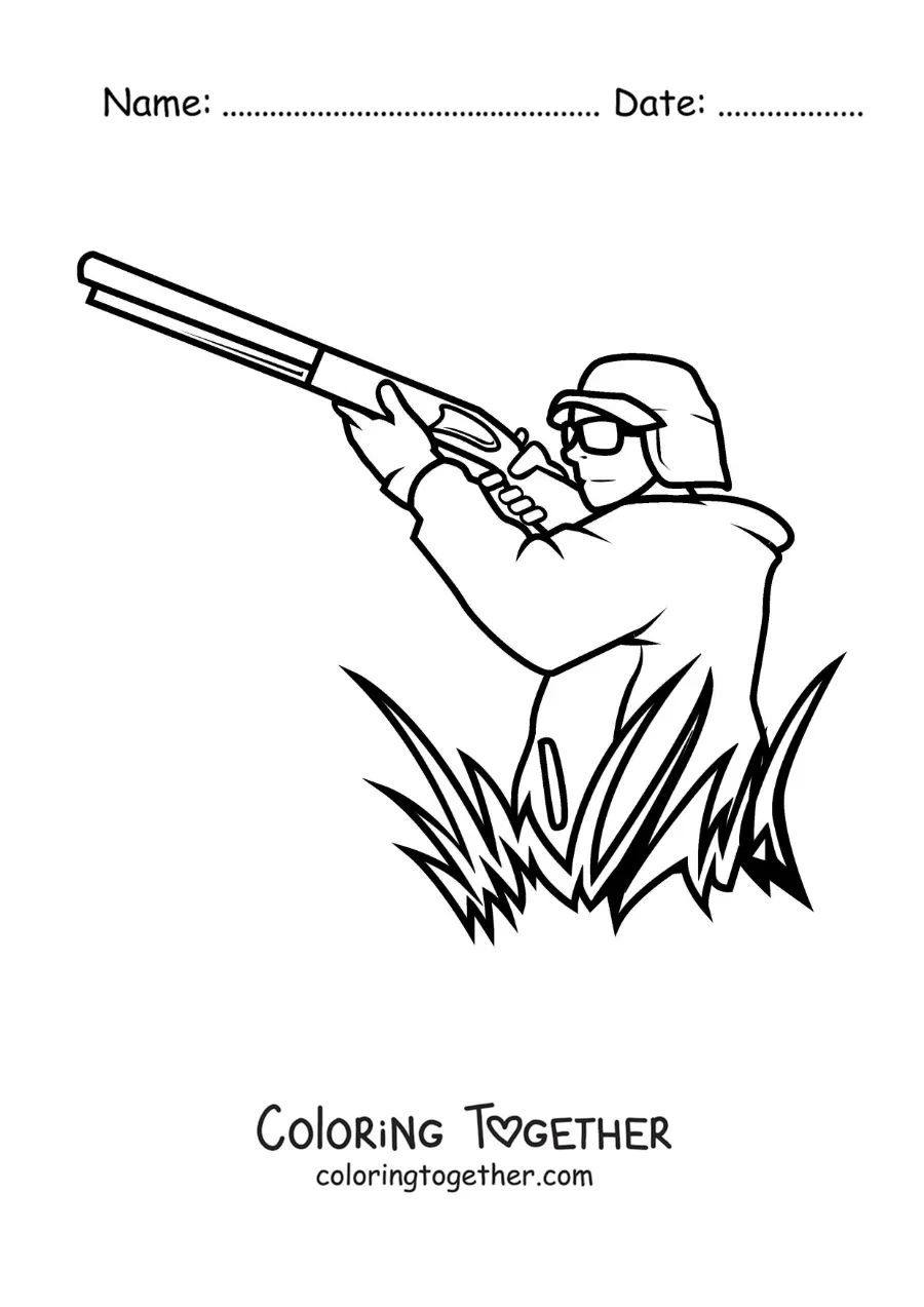 Coloring page of a hunter aiming his weapon