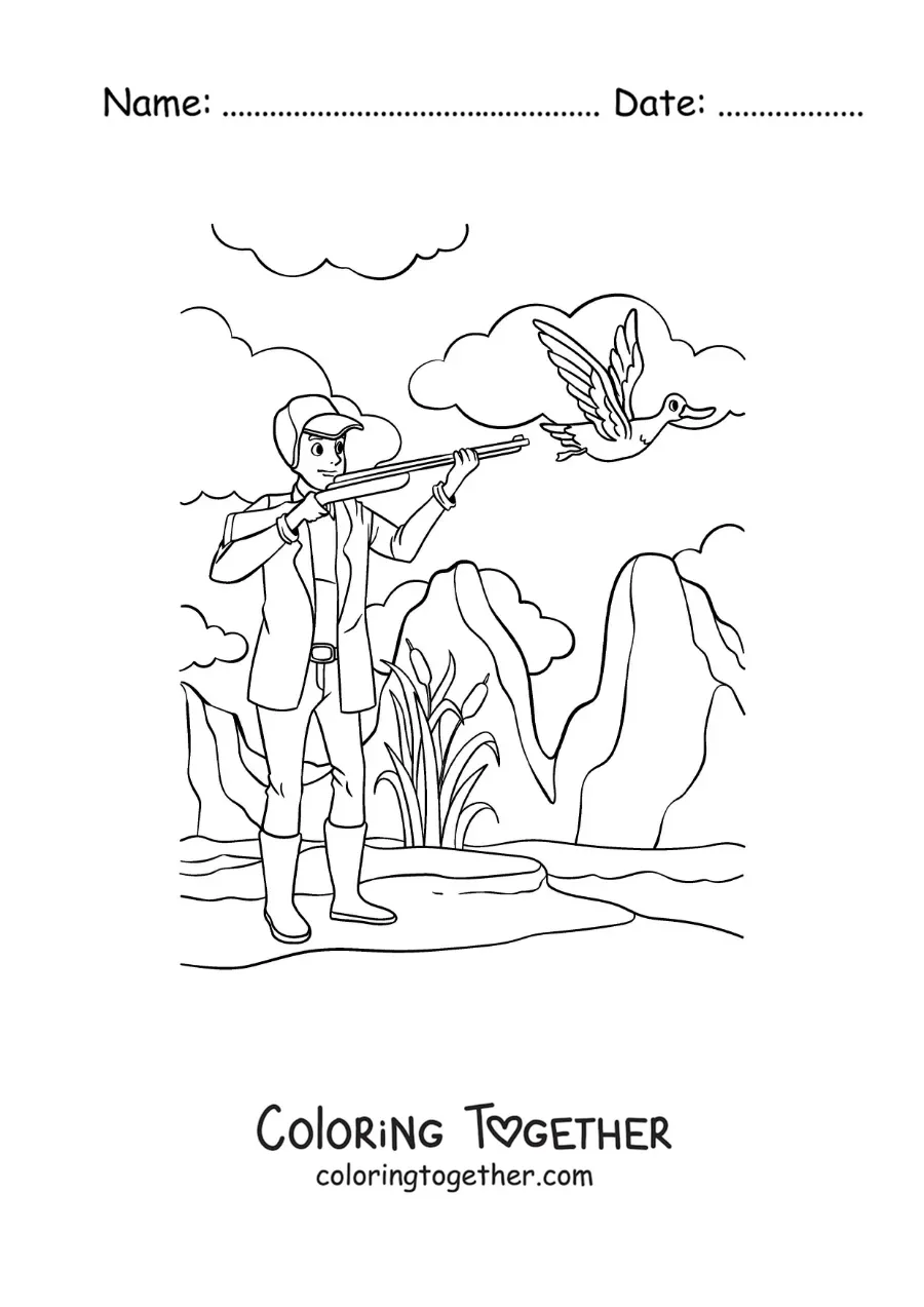 Coloring page of a hunter aiming at a duck in the wild