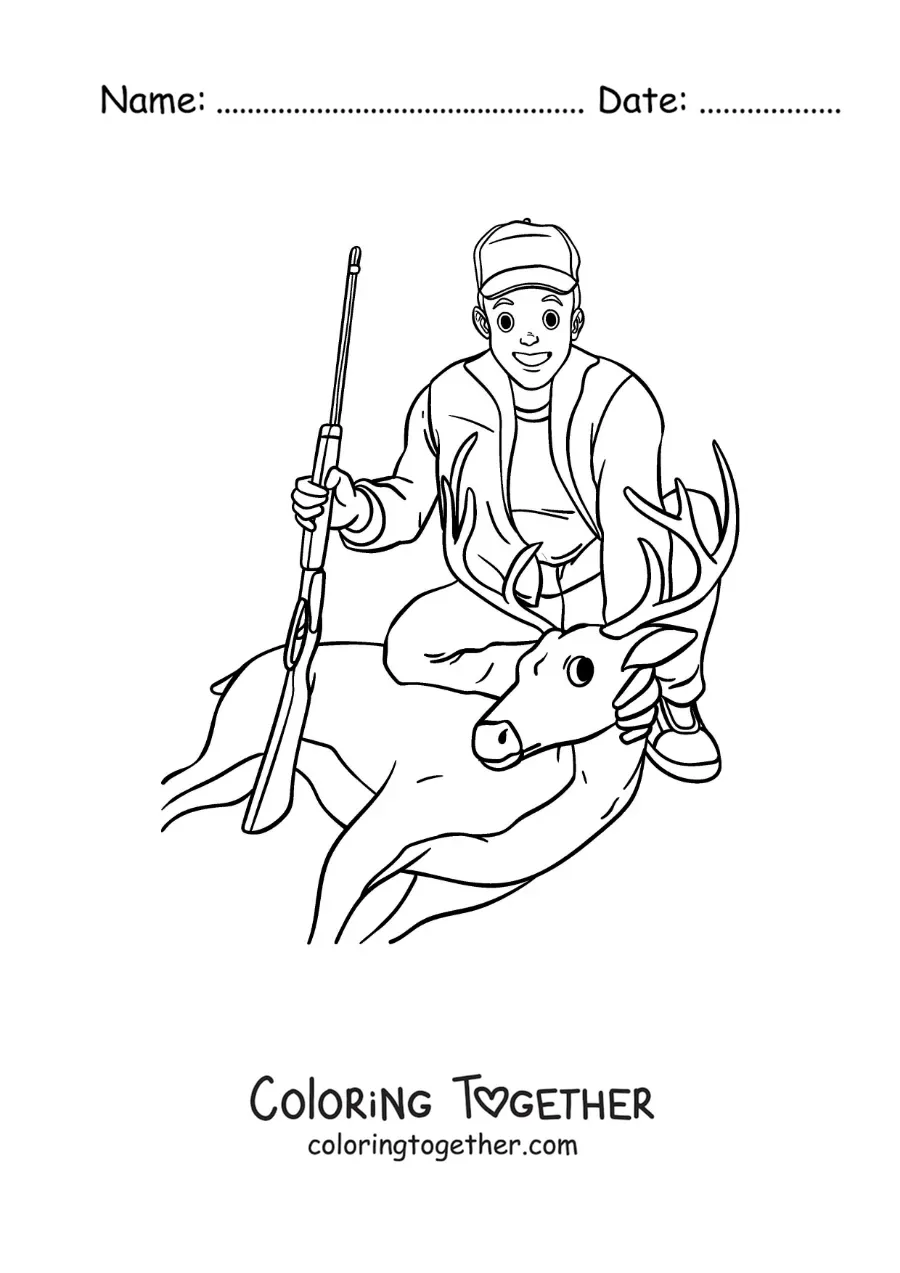 Coloring page of a hunter with a deer