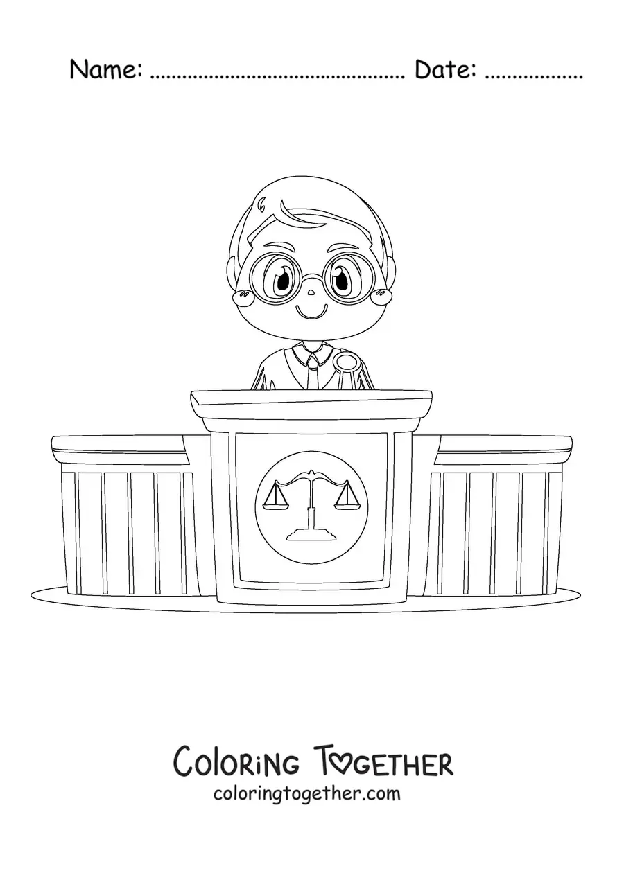 Coloring page of a kawaii cartoon judge on the bench