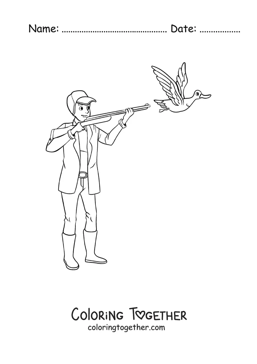Coloring page of a man hunting a duck