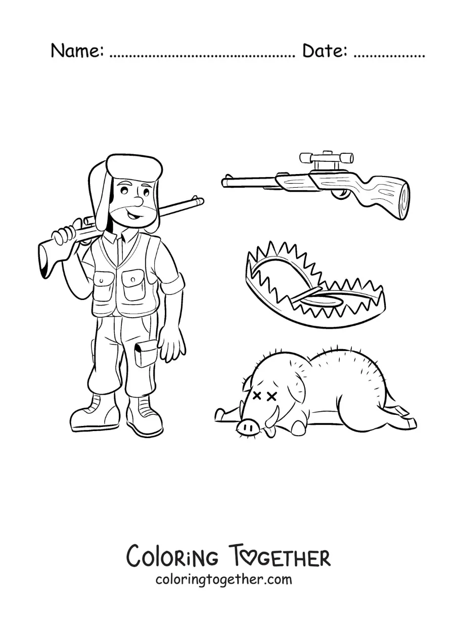 Coloring page of a wild boar hunter with traps and a weapon