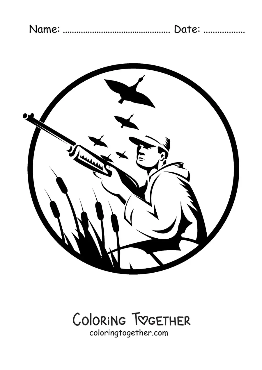 Coloring page of a silhouette of a man hunting ducks