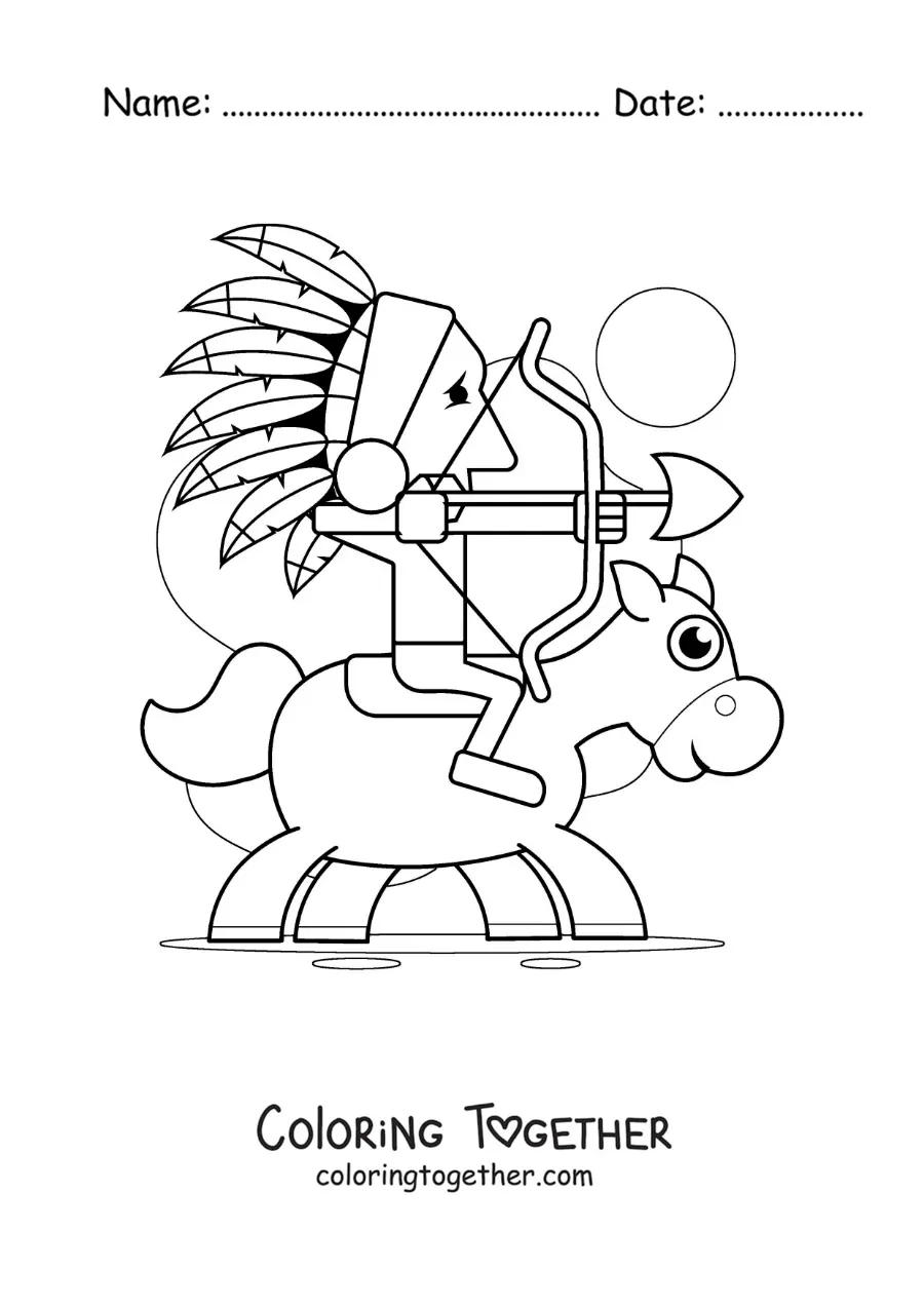 Coloring page of a Native American on horseback hunting with a bow