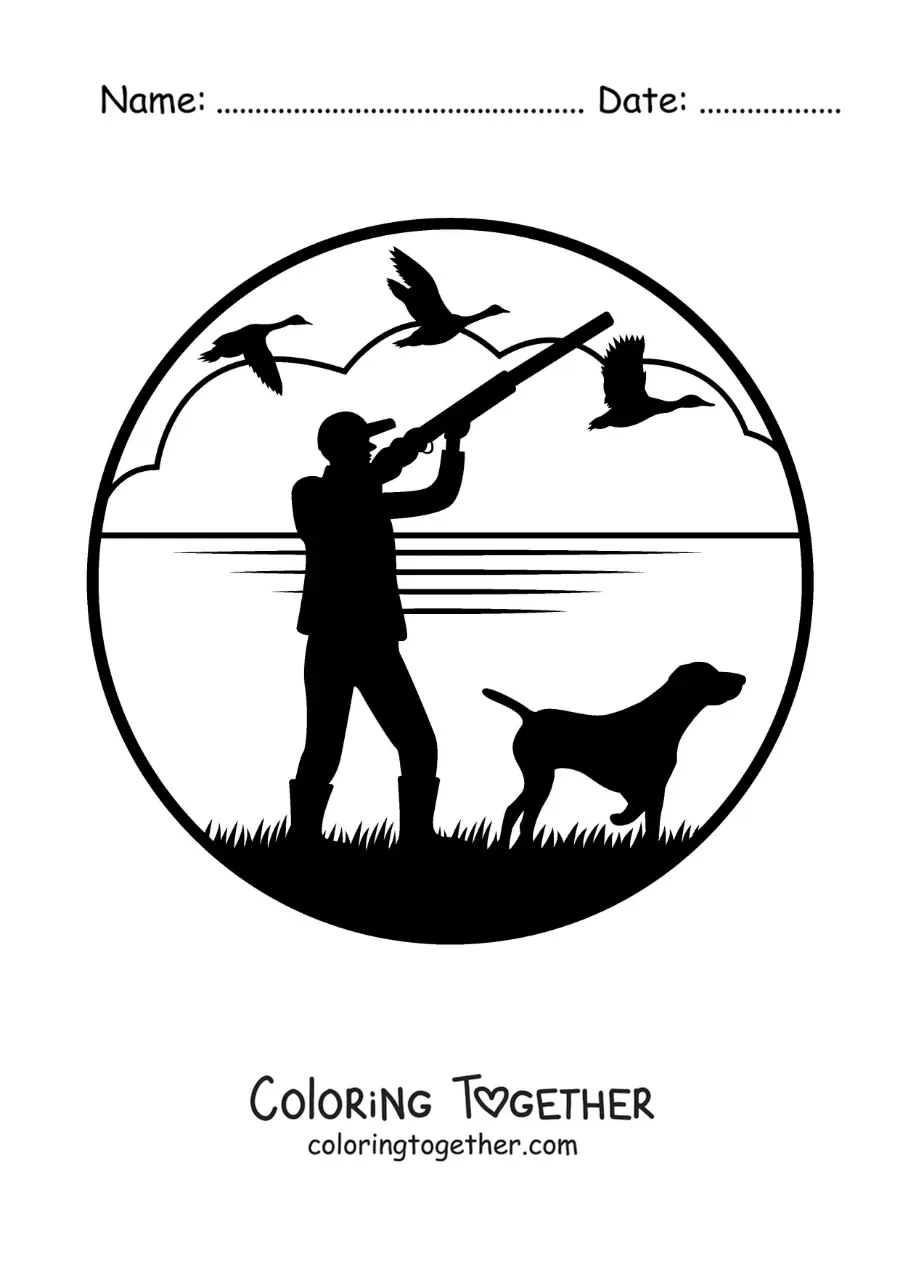 Coloring page of a silhouette of a duck hunter with his dog