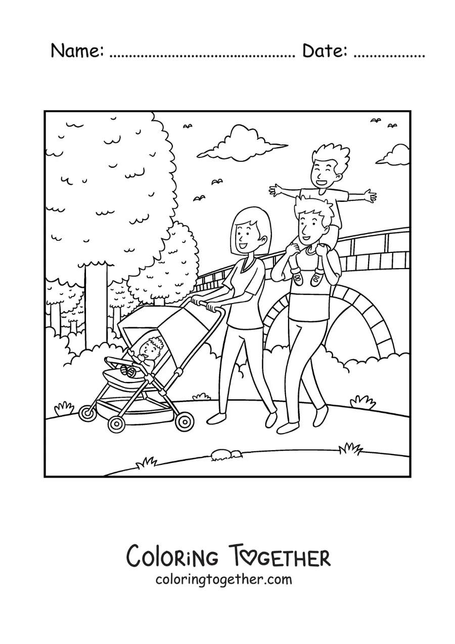 Coloring page of a family taking a walk in the park