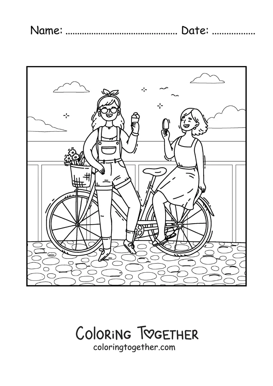 Coloring page of two friends eating ice cream on a bike ride