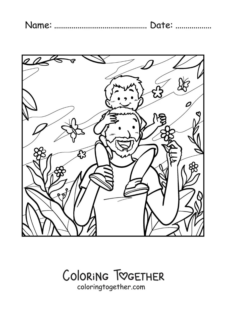 Coloring page of a father walking through the park with his son on his shoulders