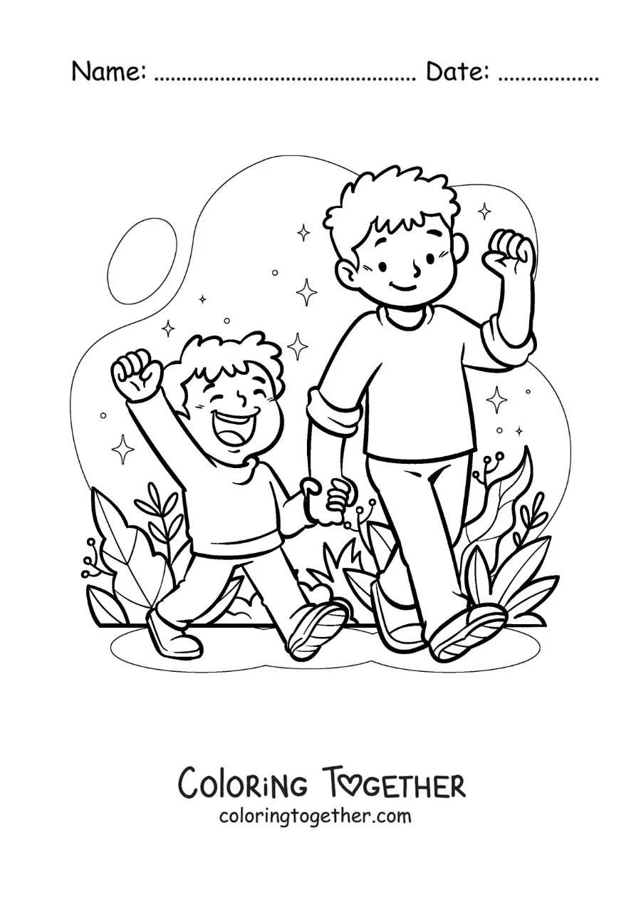 Coloring page of a boy and his little brother walking hand in hand through the park