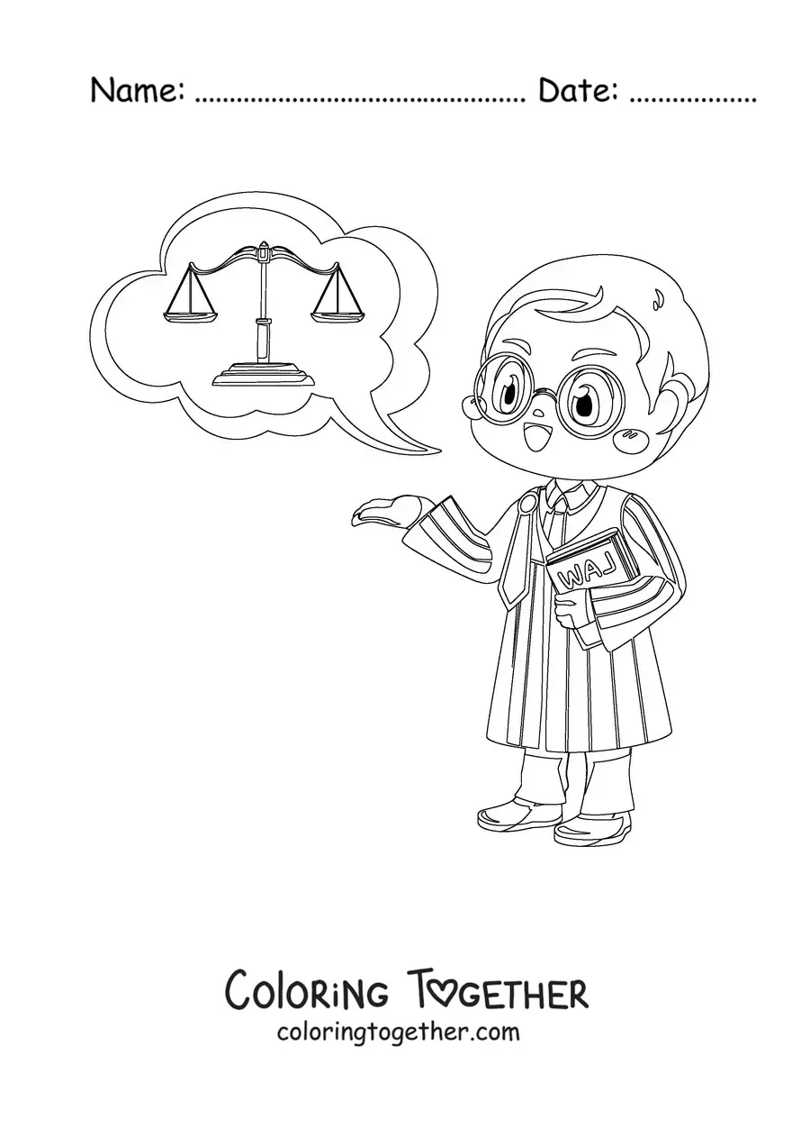 Coloring page of a kawaii judge in a robe