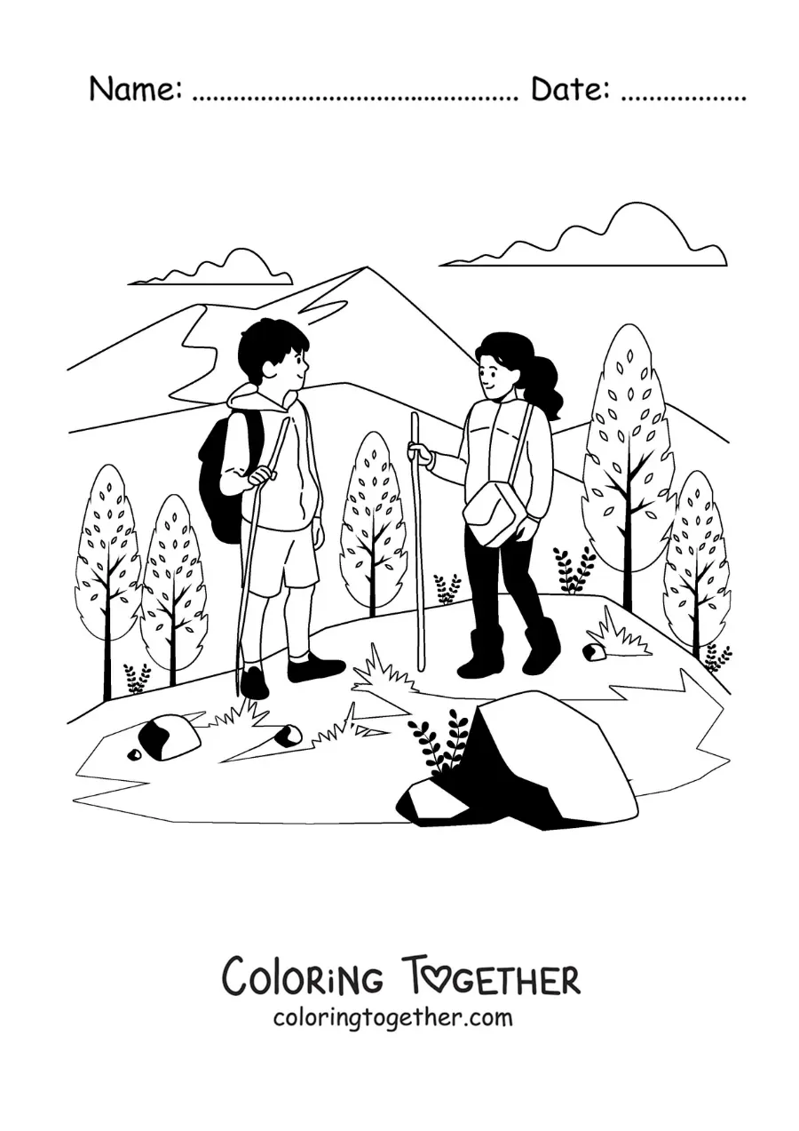 Coloring page of a couple hiking in the mountains