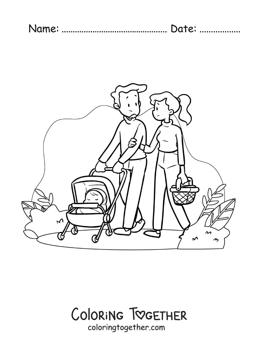 Coloring page of a couple taking a walk in the park with their baby