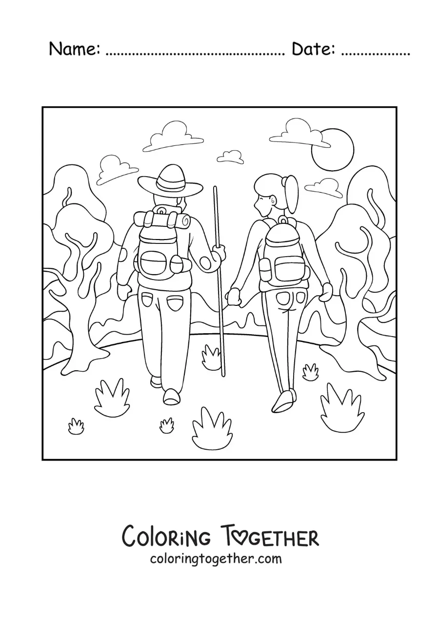 Coloring page of a couple hiking