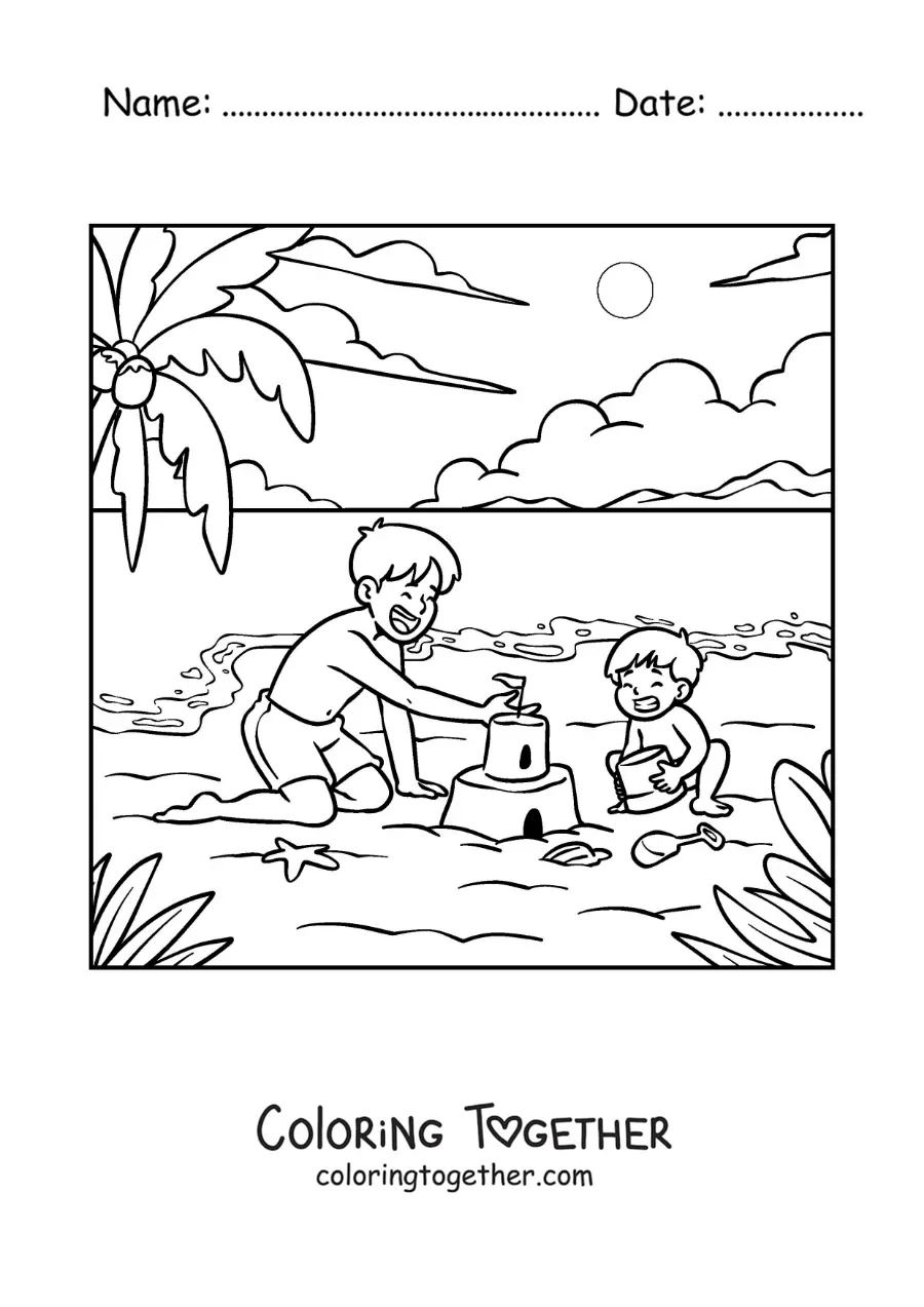 Coloring page of a father building a sandcastle with his son at the beach